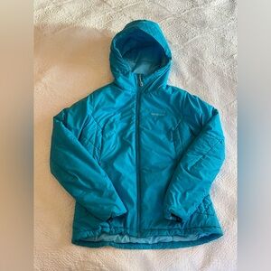 Patagonia Women’s Blue Hooded Puffer Jacket Large L Coat PrimaLoft w/ Stuff Sack